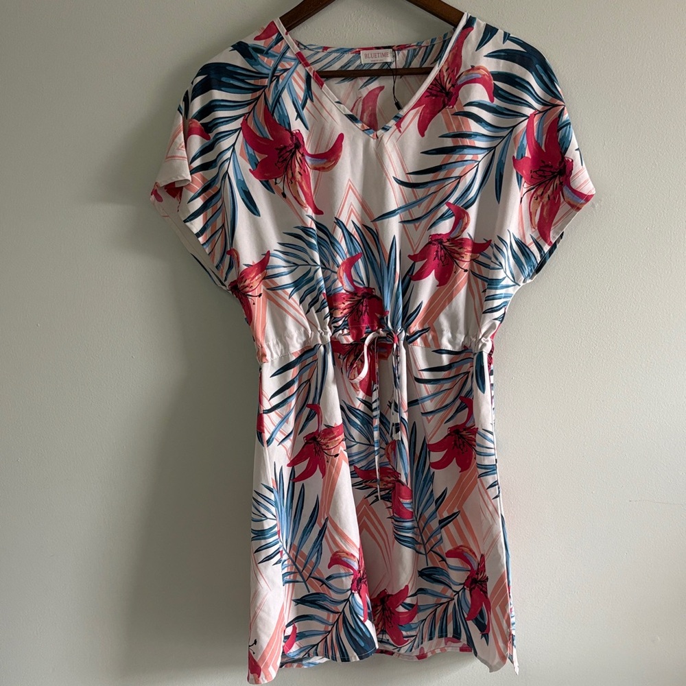 Bluetime Tropical Floral Tie Waist Tunic Top Boho Summer